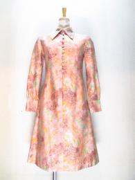 マーブル&花柄ワンピース(ライトオレンジxブラウンxライトグリーン)