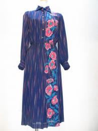 花&点々ストライプ柄ワンピース(ネイビーxピンクxレッドxターコイズ)