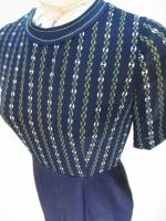 チェーン柄&無地ワンピース(ネイビーxホワイトxグリーン)