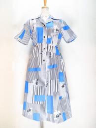 ストライプ&花&四角柄ワンピース(ホワイトxブラックxライトブルー)