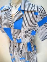 ストライプ&花&四角柄ワンピース(ホワイトxブラックxライトブルー)