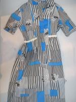 ストライプ&花&四角柄ワンピース(ホワイトxブラックxライトブルー)