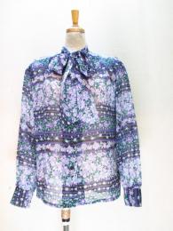 花&ボーダー柄シャツ(パープル&ブラックxホワイト&グリーン)