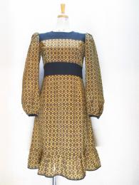 無地&幾何学柄ワンピース(ブラックxキャメル)