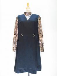 無地&幾何学柄ワンピース(ブラックxベージュ&ブラウン)